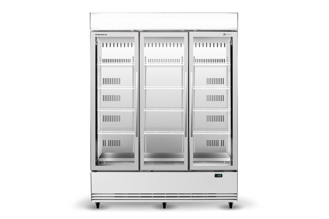 BME1500N-AC 3 Glass Door Display or Storage Fridge, Lit Sign