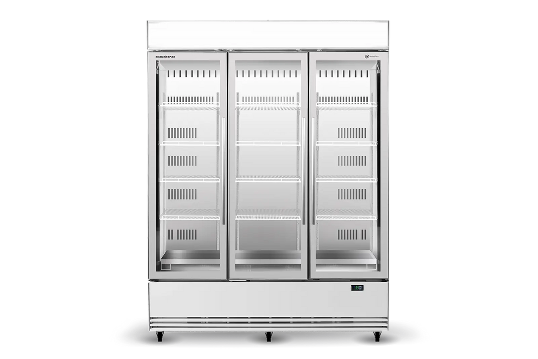 BME1500N-AC 3 Glass Door Display or Storage Fridge, Lit Sign