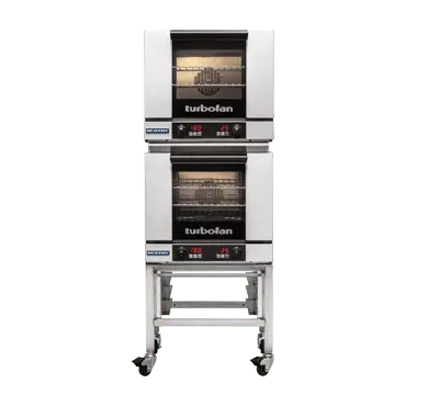 Turbofan E23D3/2 - Half Size Tray Digital Electric Convection Ovens Double Stacked on a Stainless Steel Base Stand