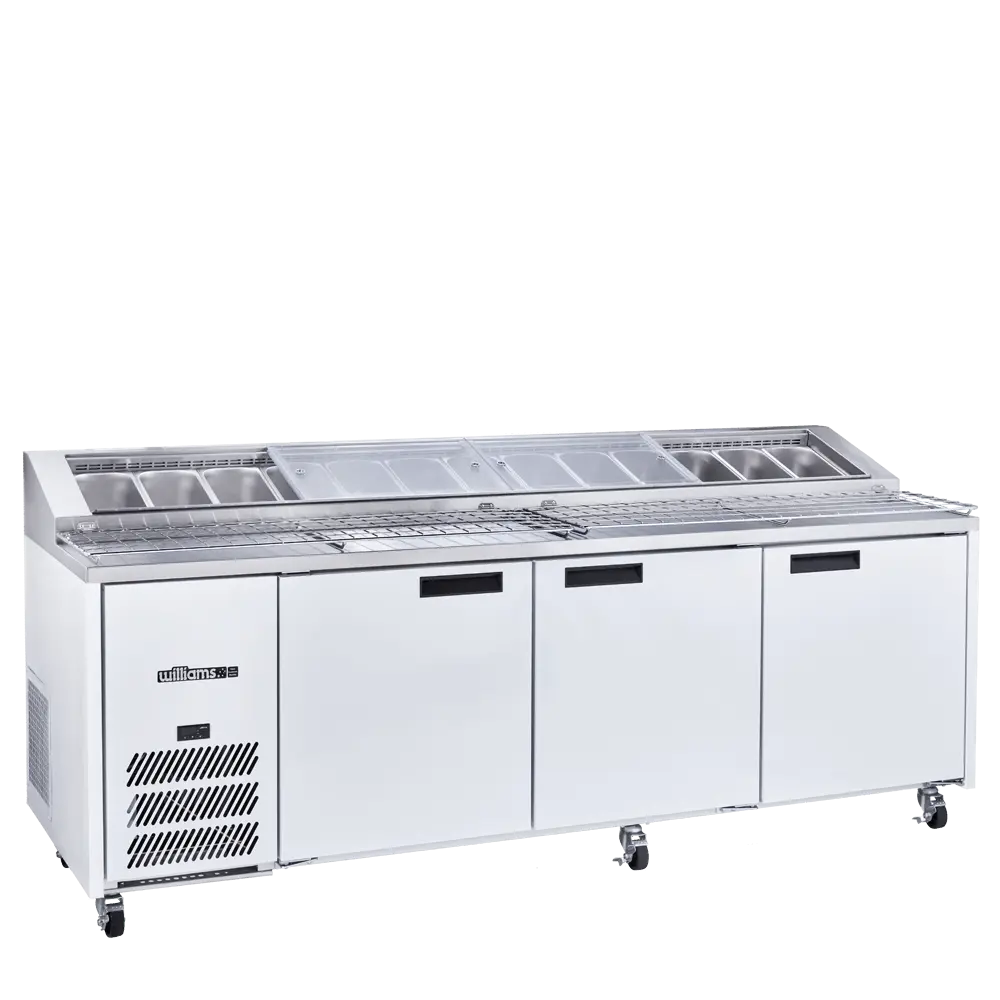Jade Pizza - Three Door White Colorbond Pizza Prep Counter Refrigerator With Blown Air Well HJ3PCBA