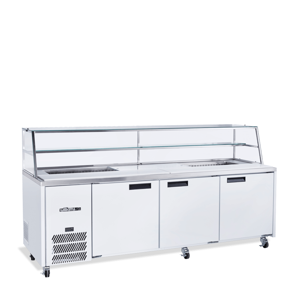 Jade Sandwich - Three Door White Colorbond Prep Counter Refrigerator With Blown Air Well HJ3SCBA