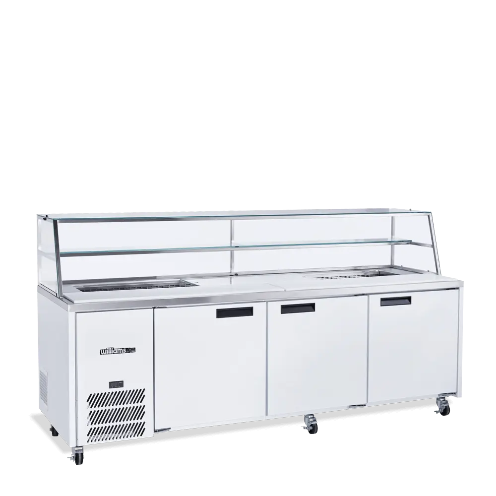 Jade Sandwich - Three Door White Colorbond Prep Counter Refrigerator With Blown Air Well HJ3SCBA