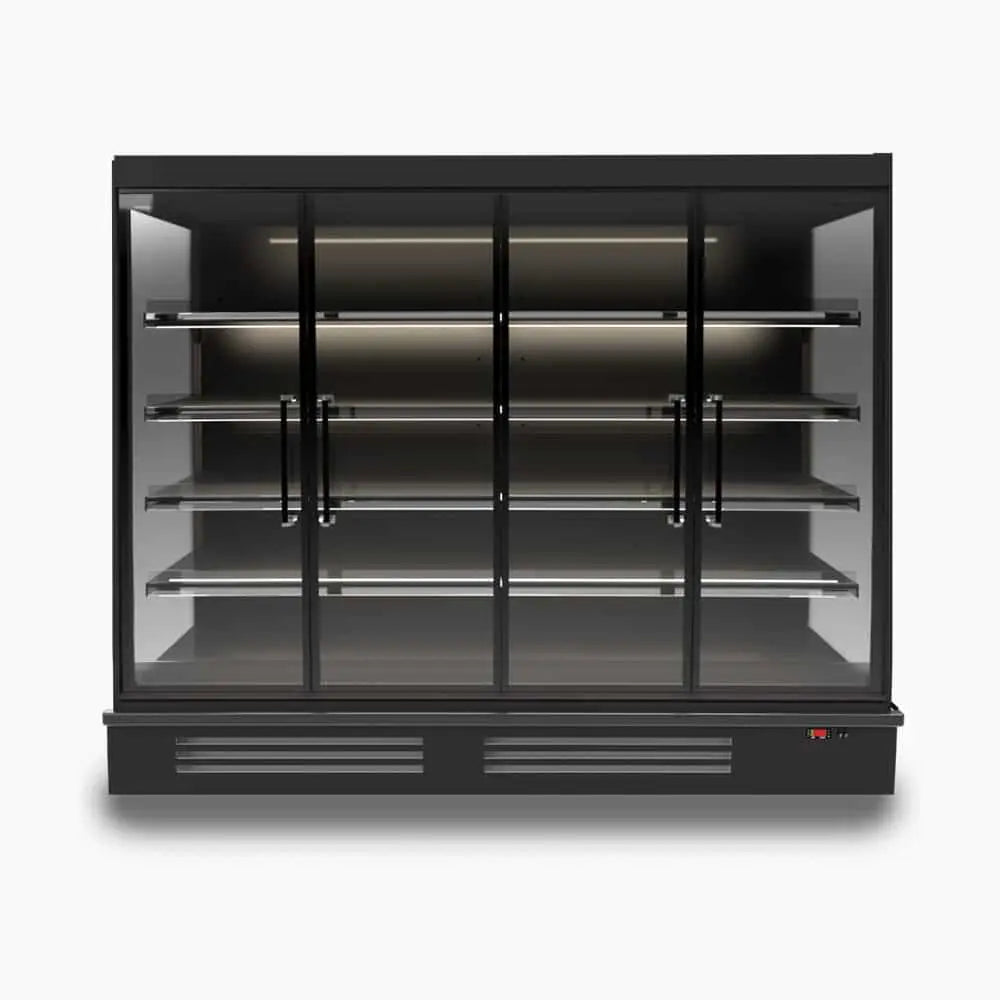 Full height commercial multideck refrigerator used for cold storage in a commercial kitchen