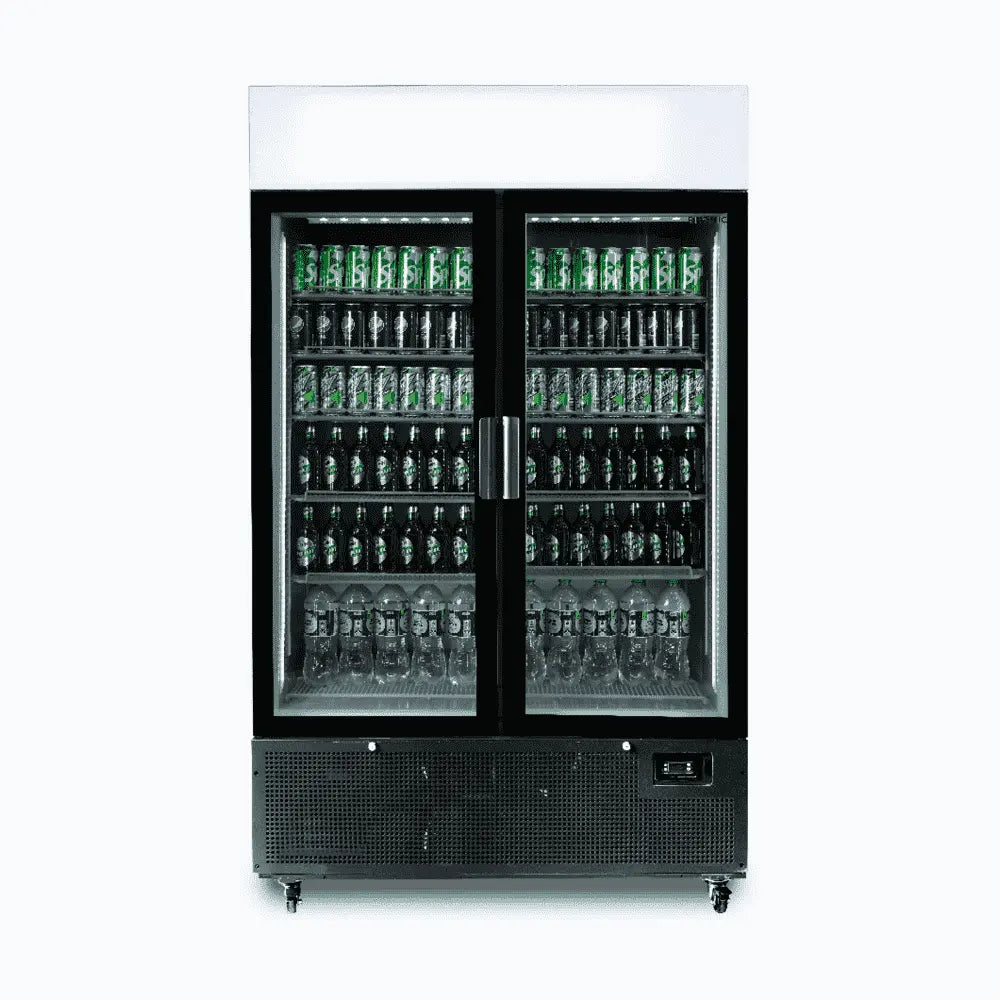 Upright Display Fridge - 1082L - 2 Door - Flat Glass - Lightbox - Black GM1100LB-NR