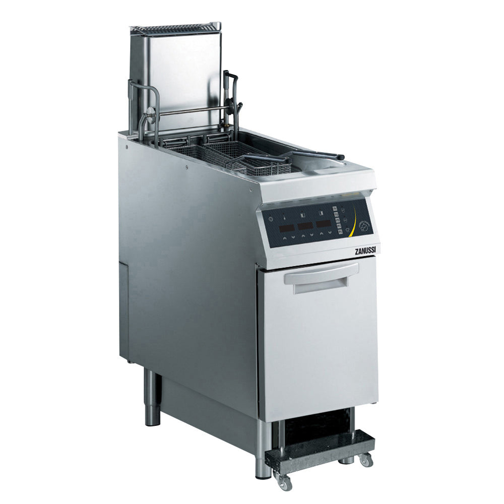 Electric 400mm Single Well 23L Freestanding V-Shaped Deep Fryer with Electronic Control, Pump, Lift and Auto Cook 392345