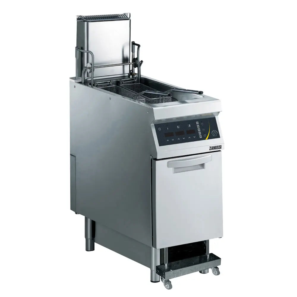 Electric 400mm Single Well 23L Freestanding V-Shaped Deep Fryer with Electronic Control, Pump, Lift and Auto Cook 392345