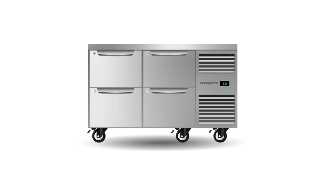 Four Drawer, Two Bay, Underbench GN 1/1 Right Hand Fridge PG11.UBR.2.D4.RH