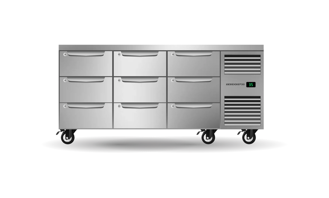Nine Drawer, Three Bay, Underbench GN 1/1 Right Hand Fridge PG11.UBR.3.D9.RH