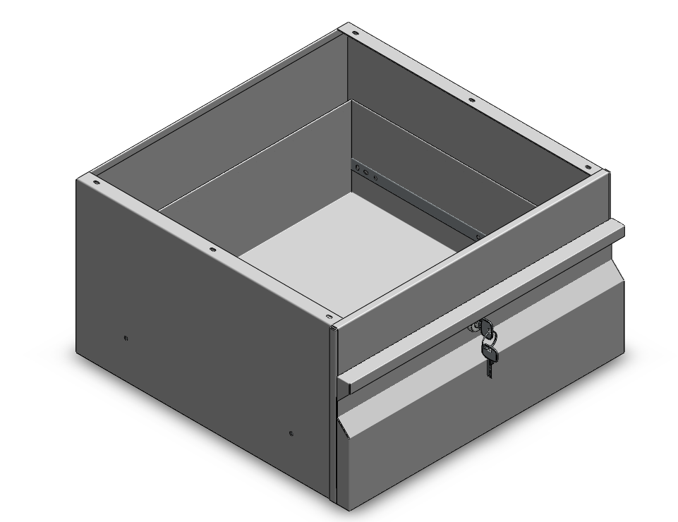 Gray metal cash box with a lock on a white background