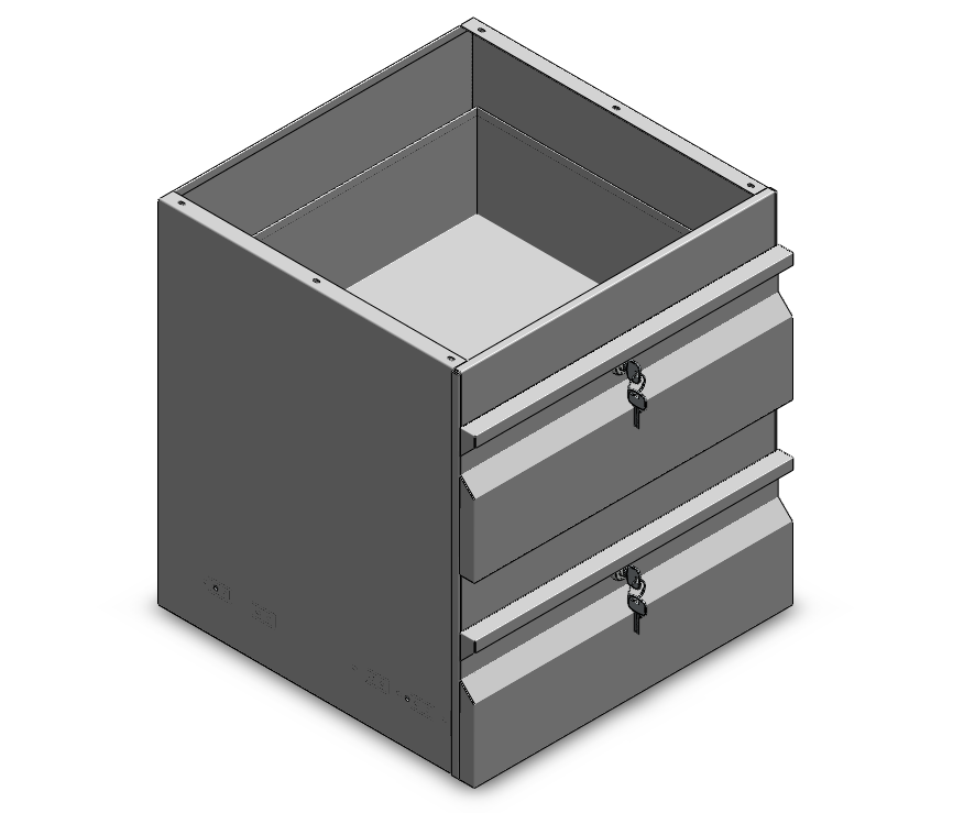 Gray metal file cabinet with three drawers on a white background