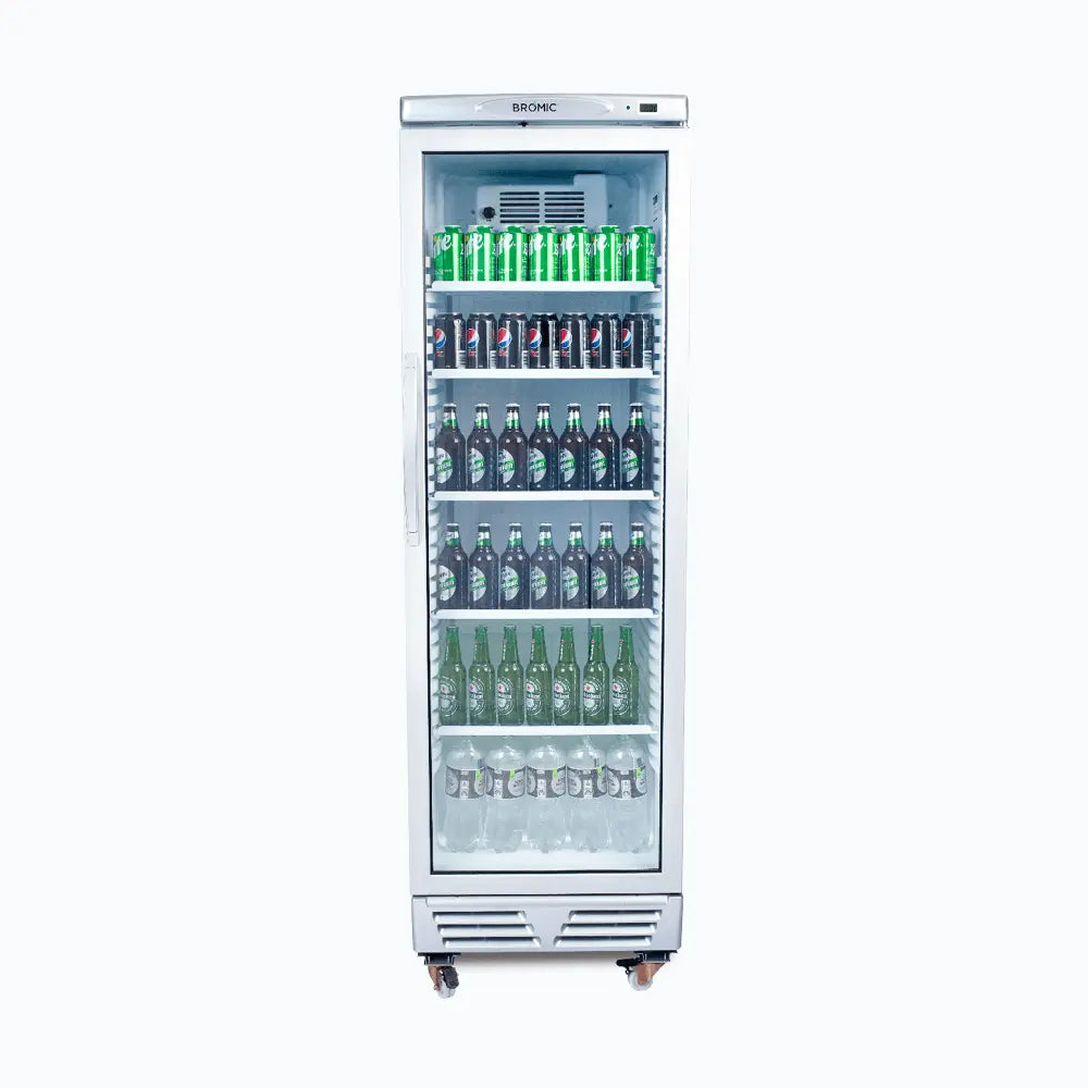 Upright Display Fridge - 372L - 1 Door - Flat Glass - White with Silver Trim GM0374-NR
