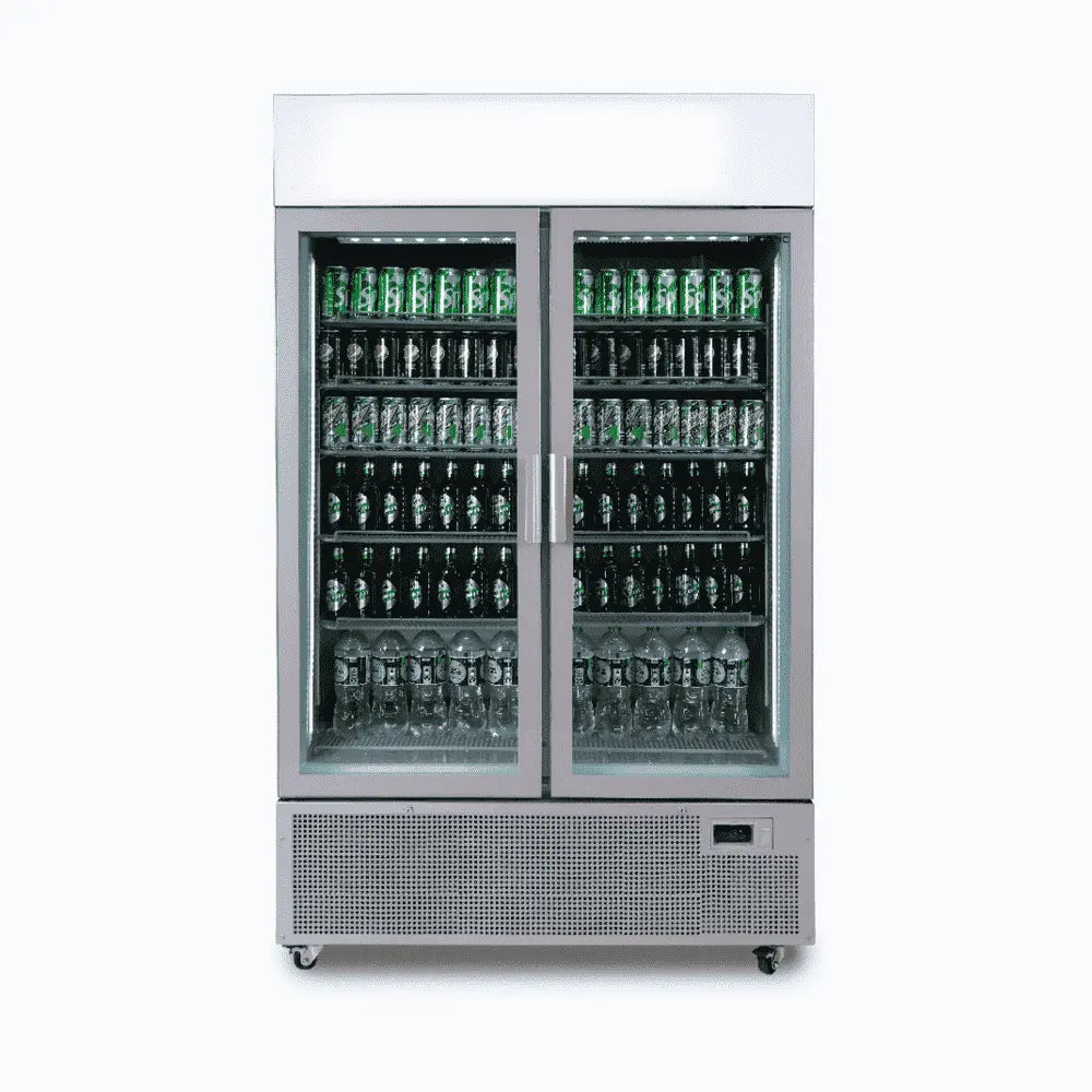 Upright Display Fridge - 1082L - 2 Door - Flat Glass - Lightbox - Silver GM1100LS-NR