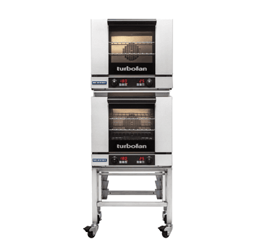 Turbofan E23D3/2 - Half Size Tray Digital Electric Convection Ovens Double Stacked on a Stainless Steel Base Stand