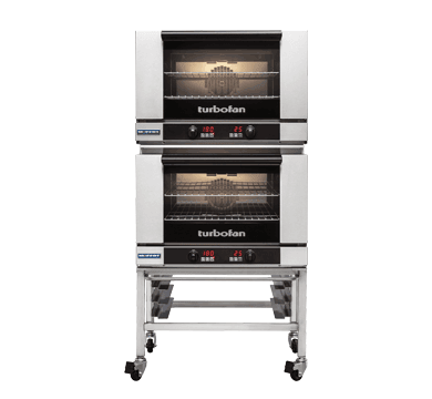 Turbofan E27D2/2 - Full Size Tray Digital Electric Convection Ovens Double Stacked on a Stainless Steel Base Stand