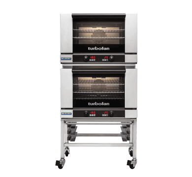 Turbofan E27D3/2 - Full Size Tray Digital Electric Convection Ovens Double Stacked on a Stainless Steel Base Stand