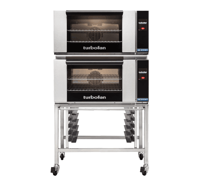 Turbofan E27T2/2 - Full Size Electric Convection Ovens Touch Screen Control Double Stacked on a Stainless Steel Base Stand