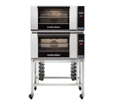 Turbofan E27T2/2 - Full Size Electric Convection Ovens Touch Screen Control Double Stacked on a Stainless Steel Base Stand