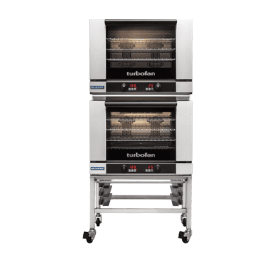 Turbofan E28D4/2 - Full Size Tray Digital Electric Convection Ovens Double Stacked on a Stainless Steel Base Stand