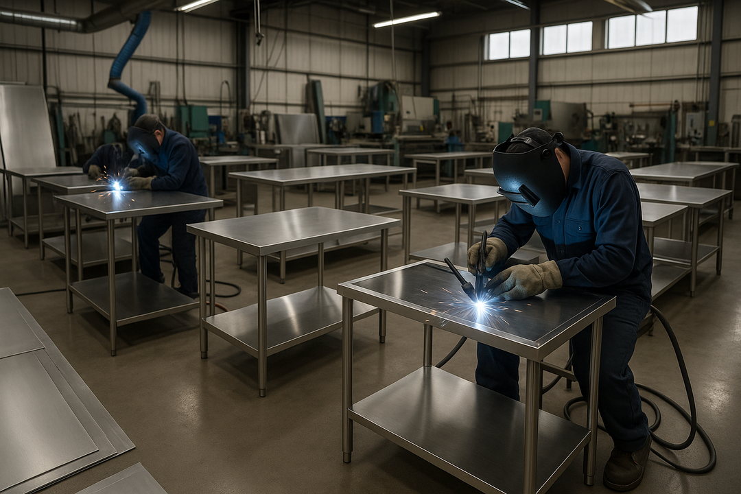 image of a sheet metal factory doing stainless steel welding and fabrication for commercial stainless benches