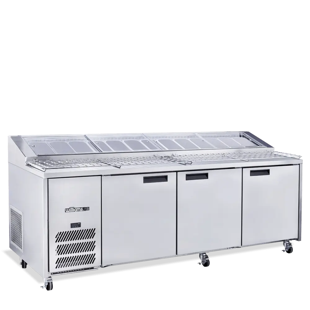Jade Pizza - Three Door Stainless Steel Pizza Prep Counter Refrigerator With Blown Air Well HJ3PCBASS